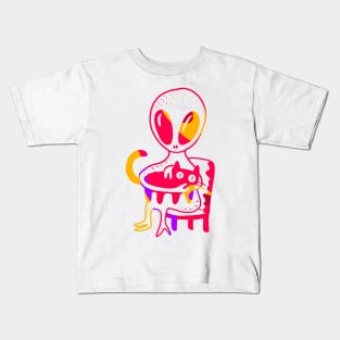 Alien petting a cat in red, orange and purple cute gift Kids T-Shirt